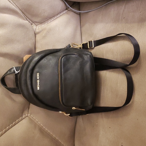 Michael Kors Black Leather Backpack with Gold Accents - Picture 1 of 8